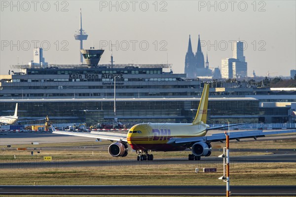 DHL Airbus A330-243F, cargo aircraft landing at Cologne-Bonn Airport, North Rhine-Westphalia,