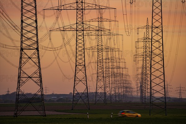 Extra-high-voltage lines, 380 KV, power line, the electricity comes from the Rhenish lignite mining