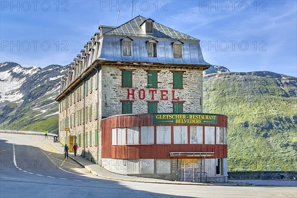 Photo with HDR effect of abandoned former now closed historic Hotel Gletscher-Restaurant Belvedere