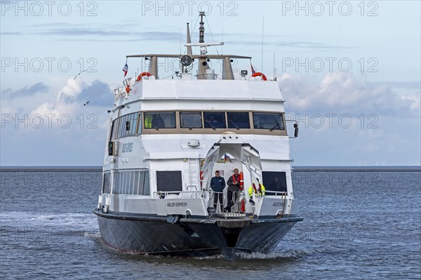 Excursion boat Adler Express docks, harbour, Strucklahnungshörn, Nordstrand, North Frisia,