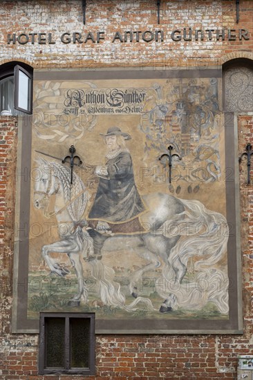 Painting by Count Adolf Günther, facade of the Hotel Graf Anton Günther, historical building,