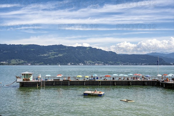 View over the marina of Lindau across Lake Constance to Bregenz and the 1062 m high mountain