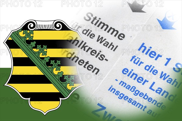 Symbolic image of state election in Saxony: Flag of Saxony and close-up of a ballot paper. The next