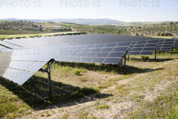 Array of photovoltaic solar panels in Mediterranean sunshine, near Alhama de Granada, Spain, Europe