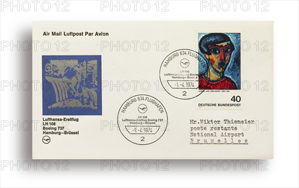 First flight letter, first flight cover, Lufthansa first flight LH108 with Boeing 737 from Hamburg,