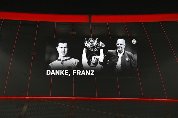Photo on scoreboard Mourning, commemoration, minute's silence for the death of Franz Beckenbauer,