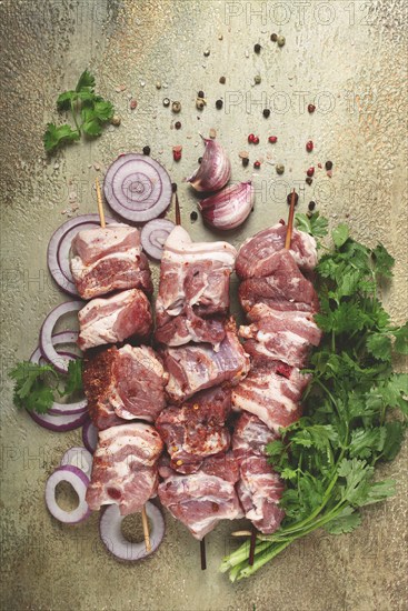 Raw pork meat, on wooden skewers, pickled kebab, with spices and herbs, on the table, top view, no