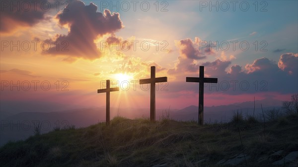 Easter concept three crosses on Golgotha Calvary hill against a dramatic sunset, AI generated