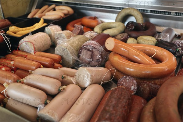 Sausage counter in a butcher's shop