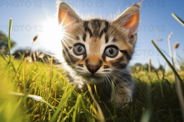 Playful Cute Kitten outdoors in Sunlit Grass. Kitten excitement and wonder as it explores the