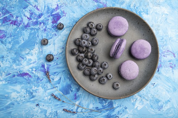 Purple macarons or macaroons cakes with blueberries on ceramic plate on a blue concrete background.