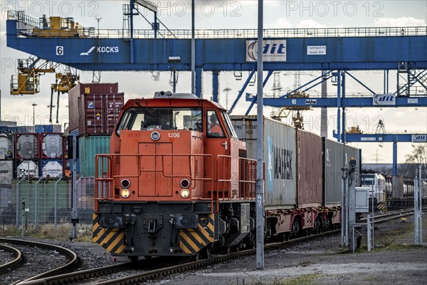 Containers arrive by train at the Logport, DIT, Duisburg Intermodal Terminal, part of the new Silk