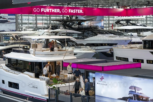 Large yachts, luxury yachts, in Hall 6 of BOOT 2024, the world's largest yacht and water sports