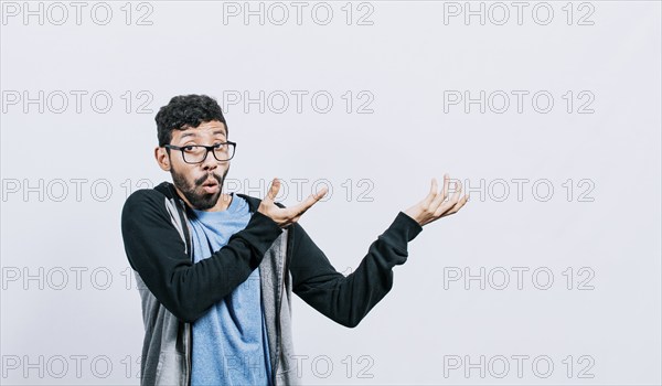 Person pointing palms to the side, Shocked people pointing both hands to the right, Shocked guy
