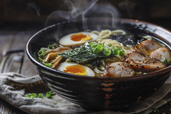 Ramen with miso broth, tender pork slices, soft-boiled egg, and nori in bowl. Generative Ai, AI