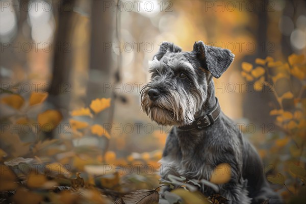 Cute Schnauzer dog in forest. Generative Ai, AI generated