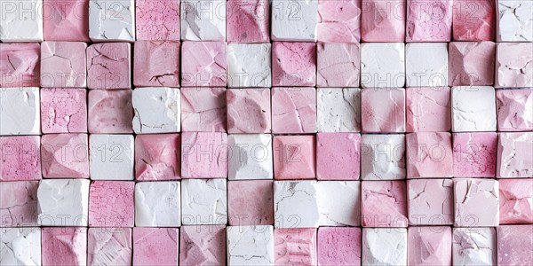 Wall with square shaped white and pink stone cubes. KI generiert, generiert, AI generated
