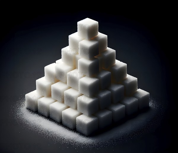 A pyramid made of sugar cubes, symbolic image of disease, obesity, diabetes, AI generated, AI