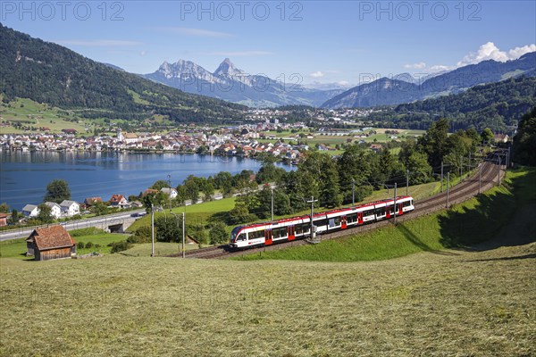 Stadler Flirt railway passenger train of the Swiss Federal Railways SBB on the Großer Mythen