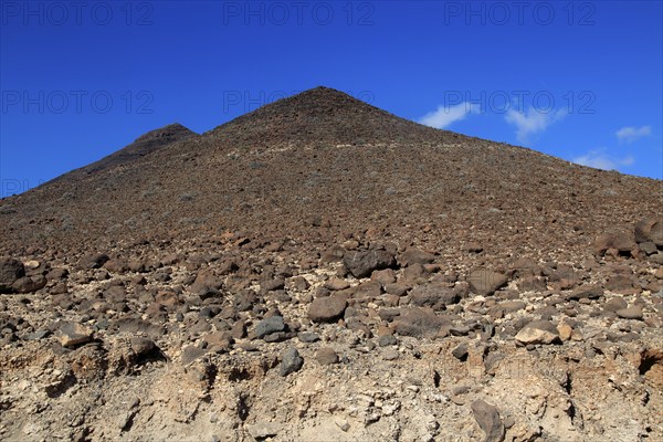 Volcanic peaks against deep blue sky, Jandia peninsula, Fuerteventura, Canary Islands, Spain,
