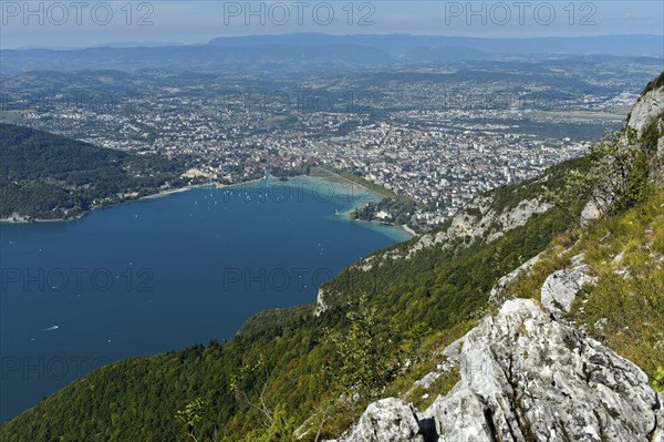 View from Mont Veyrier to the lake of Annecy, Lac d'Annecy, and the town of Annecy, Haute-Savoie,