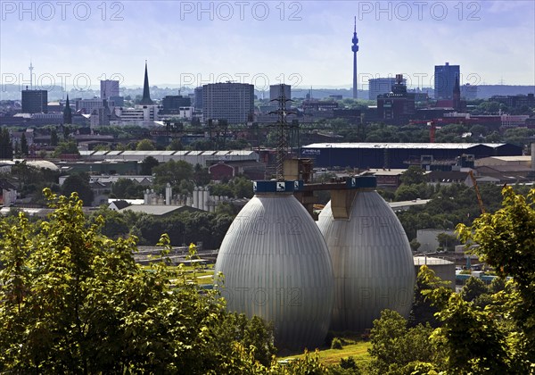 City panorama from Deusenberg with digesters and Florianturm, Dortmund, Ruhr area, North