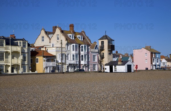 Seaside buildings along the front, Aldeburgh, Suffolk, England. Disused lifeboat station building