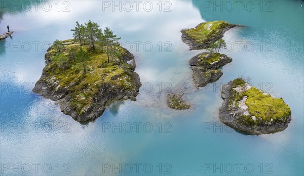 Aerial view of islands in lake Lovatnet (or: Loenvatnet), valley Lodalen south of village Loen,