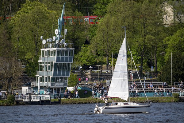 Lake Baldeney in Essen, reservoir of the Ruhr, sailing boat in front of the regatta tower, Essen,