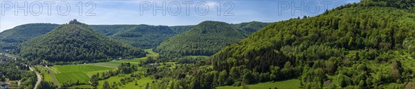 Albtrauf near Bad Urach, landscape of the Swabian Alb. Drone photo of the Hohenurach castle ruins.