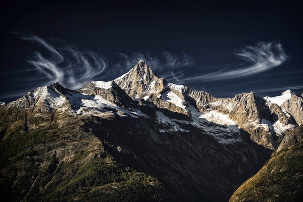 The Bietschhorn near Visperterminen, Swiss Alps, mountain, church, church tower, village, mountain
