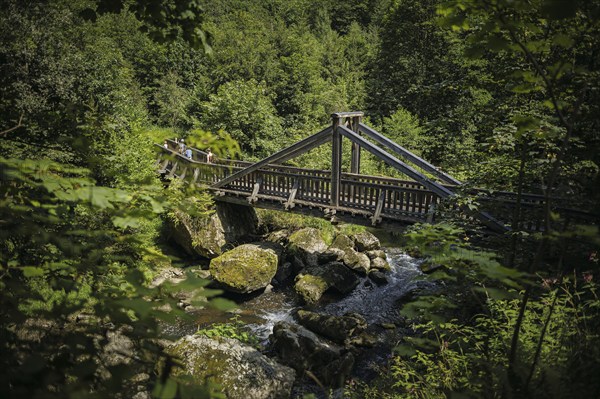 Hikers cross a bridge over the Selbitz river, which flows through the Höllental valley between