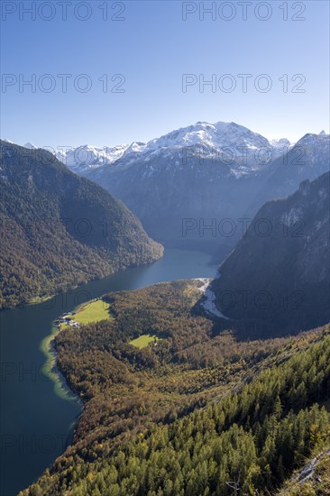 View of the Königssee with St. Bartholomä church, from the Rinnkendlsteig mountain hiking trail,