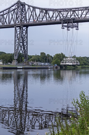 High bridge, transporter bridge, reflection, Kiel Canal, Rendsburg, Schleswig-Holstein, Germany,