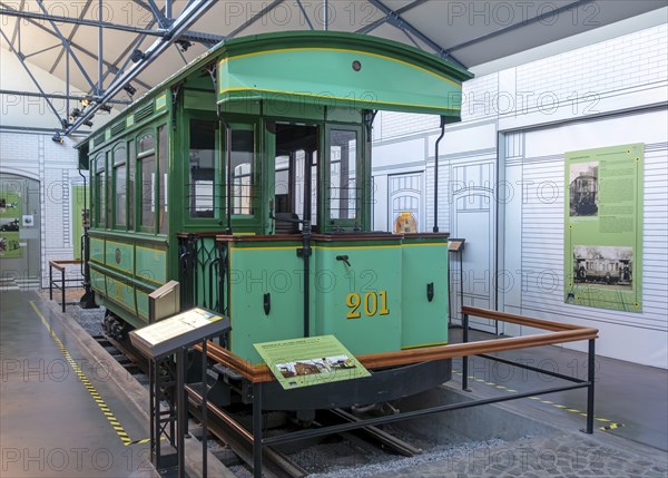 Belgian green electric tram, tramway TEPCE mortice n° 201 at Le Bois du Cazier coal mine museum,