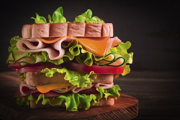 Club-Sandwich, auf einem Holztisch, rustikaler Stil, Nahaufnahme, keine Personen, hausgemacht