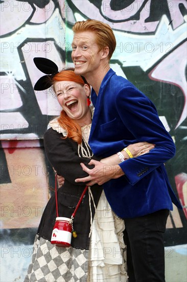 Enie van de Meiklokjes and her man Tobias Stærbo at the opening of the Tim Burton exhibition at the
