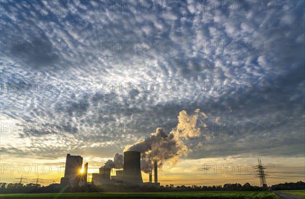 Lignite-fired power plant, RWE Power AG Niederaussem power plant, sunset, Bergheim, North