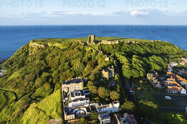Scarborough Castle from a drone, Scarborough, North Yorkshire, England, United Kingdom, Europe