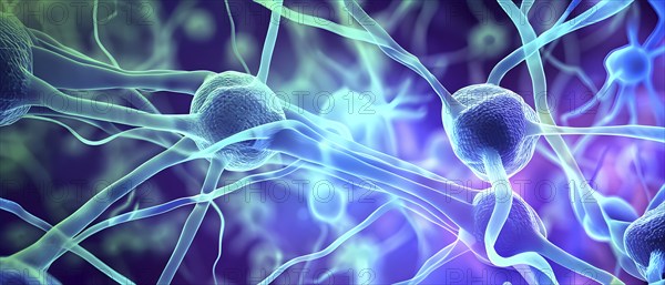 Visualization of neurons firing neurotransmitters in the synaptic gap, AI generated