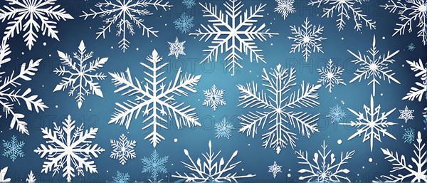 Abstract pattern of snowflakes in varying sizes and shapes in soft white and blue gradients, AI
