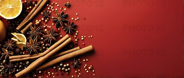 Abstract wallpaper illustration of Christmas spices like cinnamon sticks, star anise, and cloves,