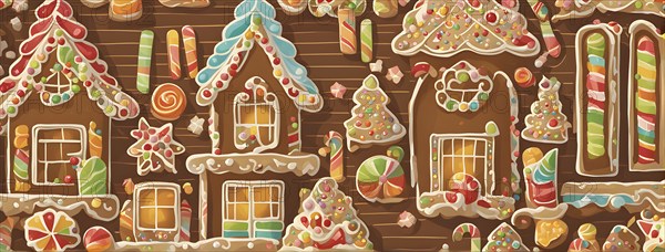 Abstract wallpaper illustration of of gingerbread house decoration, AI generated