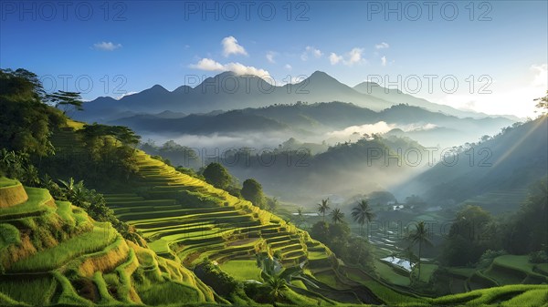 Early morning light bathes Philippines rice terraces cascading down mountain slopes, AI generated