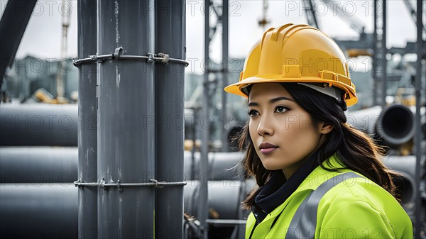 Portrait of a female construction worker wearing a yellow helmet, AI generated