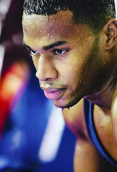 Portrait of sweating man after workout, AI generated
