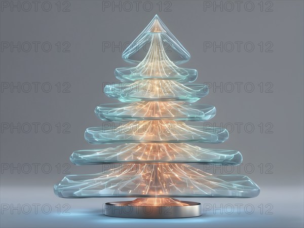 A three dimensional rendering of a futuristic Christmas tree made of glowing, semi-transparent