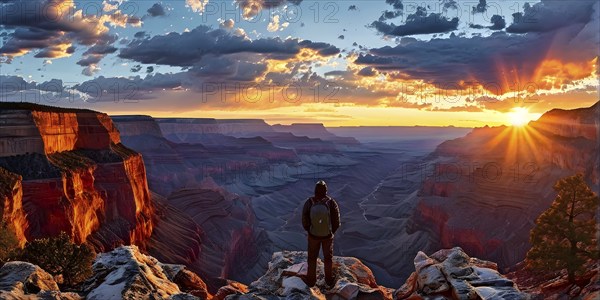 Sunrise over grand canyon in vibrant colors casting light on overhanging rock formations, AI