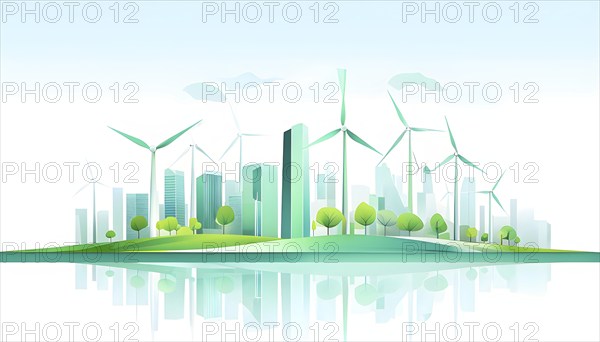 Abstract visual illustration of a city skyline where buildings morph into wind turbines and trees,