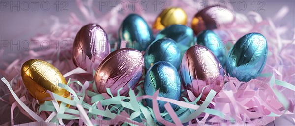Small chocolate Easter eggs wrapped in shiny foil, placed on a bed of shredded pastel-colored